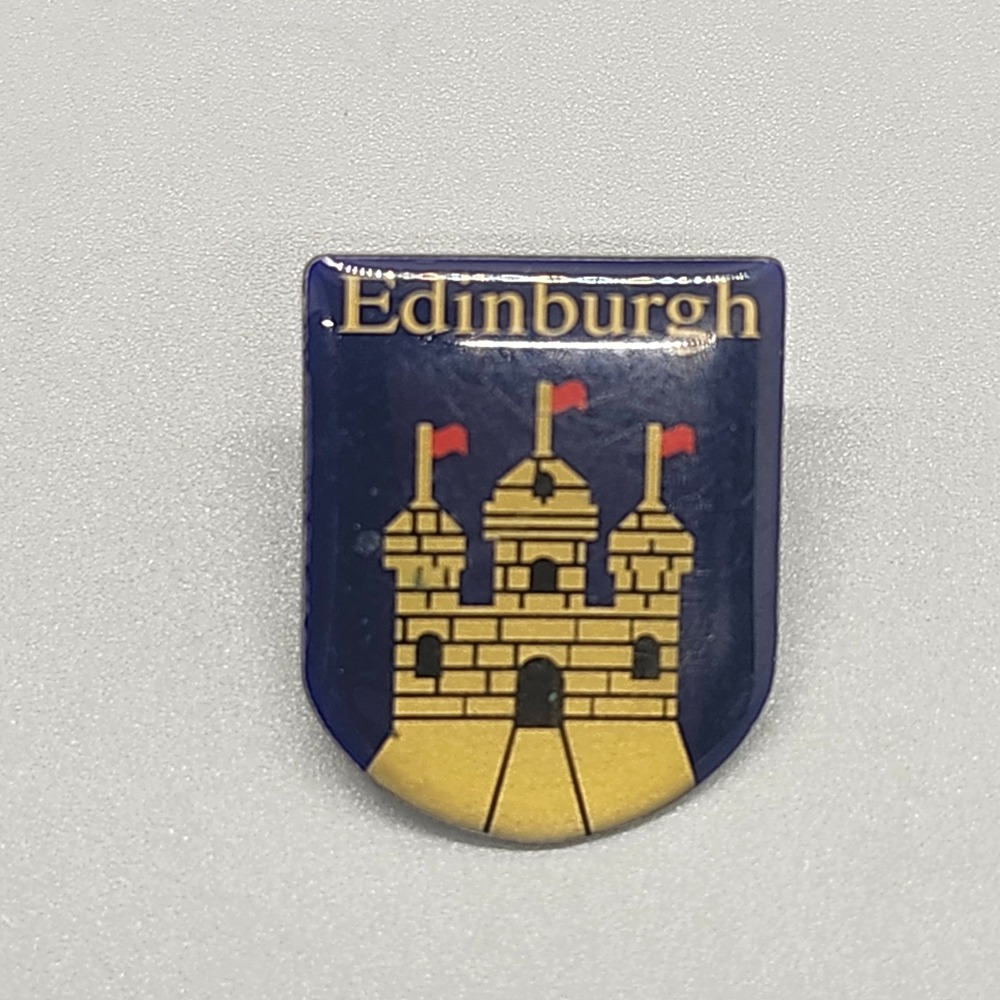 Vintage Edinburgh Castle Scotland Acrylic Pin Silver Tone Building Shield Shape